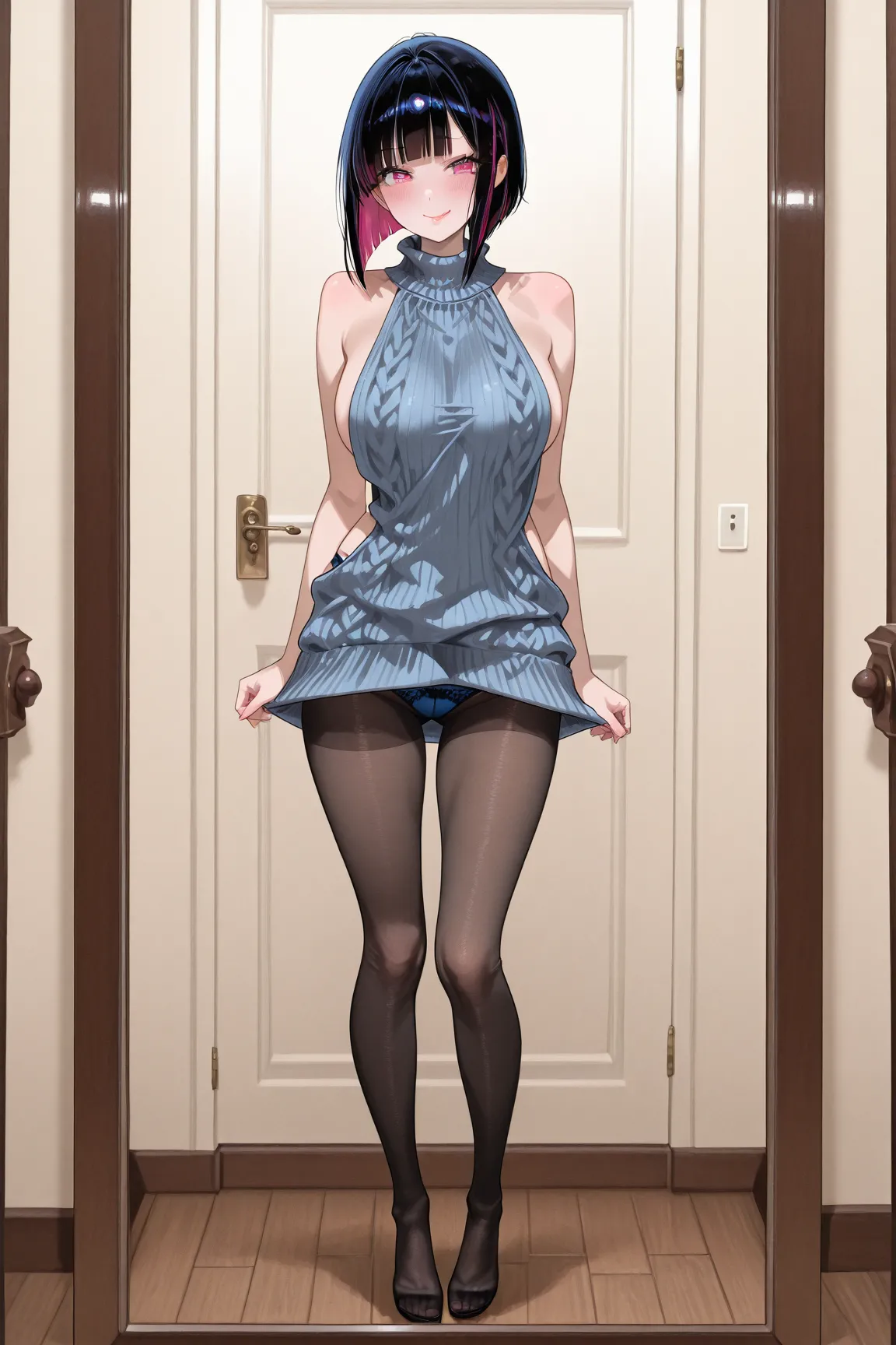 black tights　 beautiful feet　　Shoulder-Shouldered Virgin Killer Sweater　blush　 blue panties with food　Bob