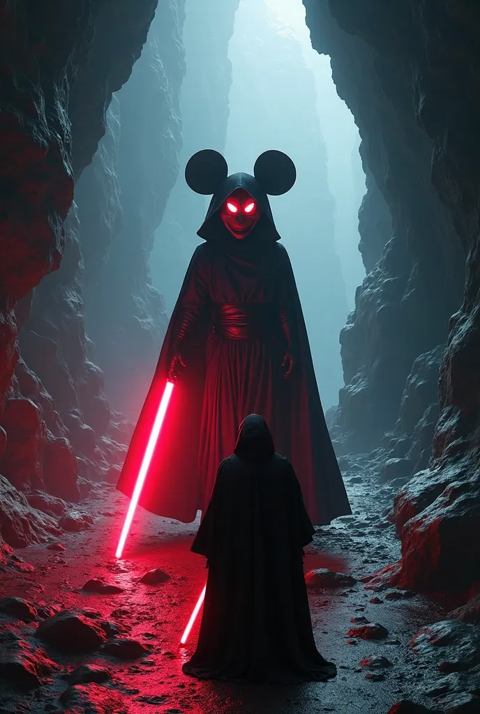 A poster styled after Star Wars with the iconic logo replaced by the text 'Disney Wars' in bold, futuristic font. Deep within a dark, foreboding cave, Sith Mickey Mouse strides forward from the shadows, his head hidden deep beneath his hood. His glowing re...