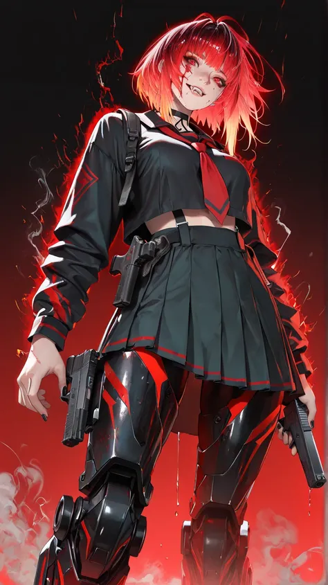 (masterpiece:1.4), 1girl, cyberpunk-gothic fusion style, blood-red gradient background, dynamic low-angle perspective, neon-tinged storm clouds, ripped school uniform, (Glock 19:1.2) with neon tracer rounds, electrostatic hair strands, biomechanical leg ex...