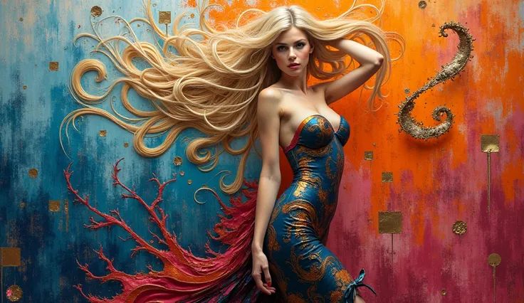 Create a vibrant and deeply artistic representation celebrating blonde femininity and sensuality through an explosion of bold colors, layered textures, and experimental techniques that challenge conventional aesthetics. Her body is depicted with a mix of a...