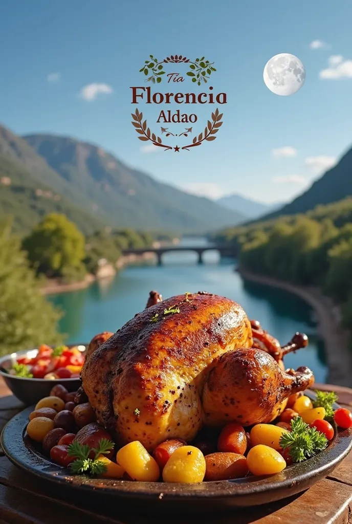 A delicious charcoal-roasted chicken with a golden and crisp skin, giving off smoke and juicy juices, served on a rustic dish with side dishes such as potatoes and salad. behind, a beautiful landscape with a serene river reflecting the clear and blue sky. ...