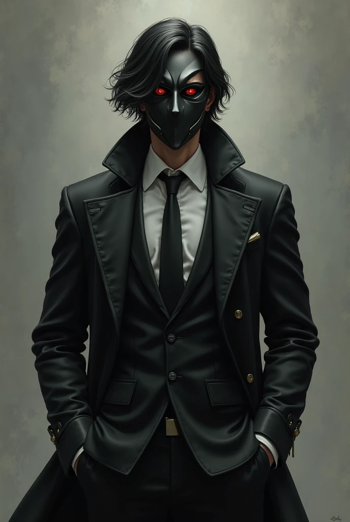 A man with a black suit and a black long coat on his shoulders, and wearing a mask that looks like a masked rider. He has a standard body shape and is a black medium haired man