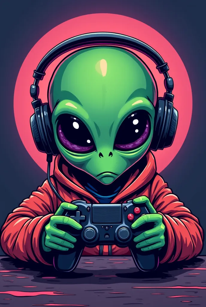 Alien Nerd Playing Video Game
"Develop a print of an alien with big eyes, using headphones and holding a video game controller, fully immersed in the game. The design must mix humor with a modern geek style."
