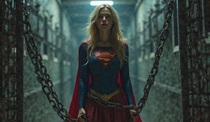 supergirl stuck in mysterious prison shell. her all hand and leg tied with iron chain.