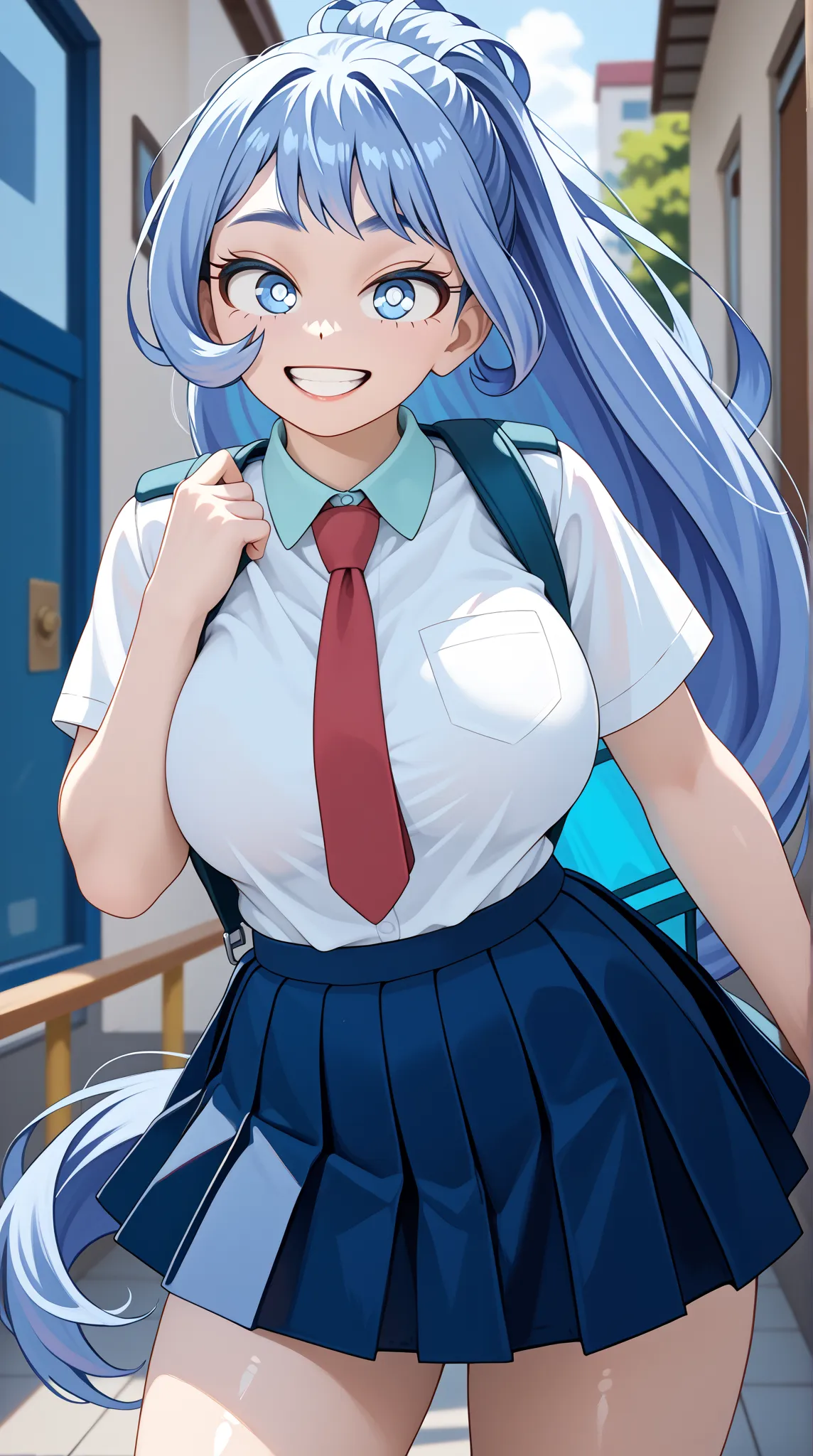 (UHD, retina, masterpiece, accurate, anatomically correct, super detail, high details,   highres, 1080P, 16k、high detail RAW color art:1.3)、 (nejire hadou:1.3)、(blue eyes, blue hair, long hair:1.3)、(very gigantic breasts:1.5)、(shiny skin:1.5)、(necktie, ple...