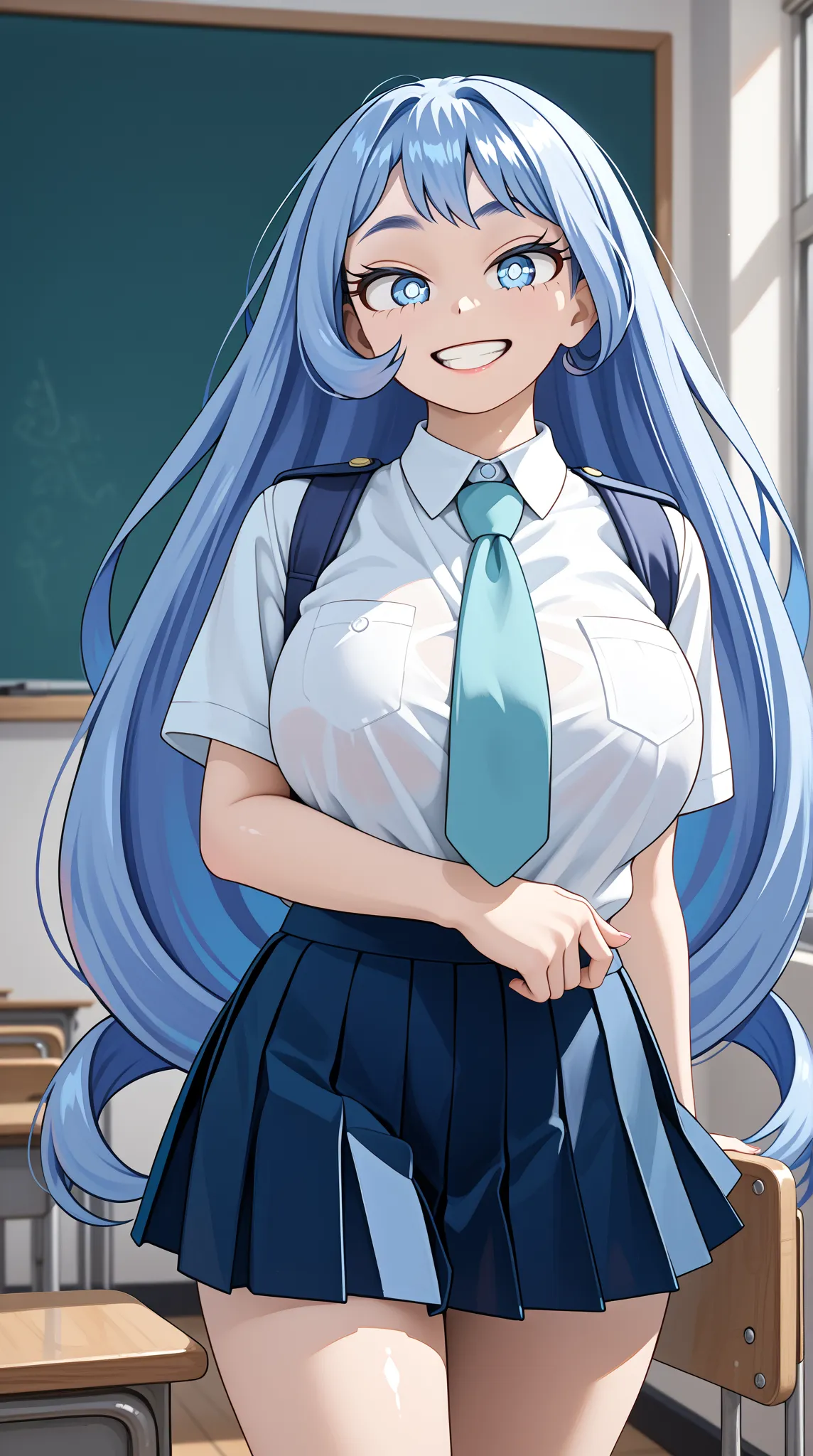 (UHD, retina, masterpiece, accurate, anatomically correct, super detail, high details,   highres, 1080P, 16k、high detail RAW color art:1.3)、 (nejire hadou:1.3)、(blue eyes, blue hair, long hair:1.3)、(very gigantic breasts:1.5)、(shiny skin:1.5)、(necktie, ple...