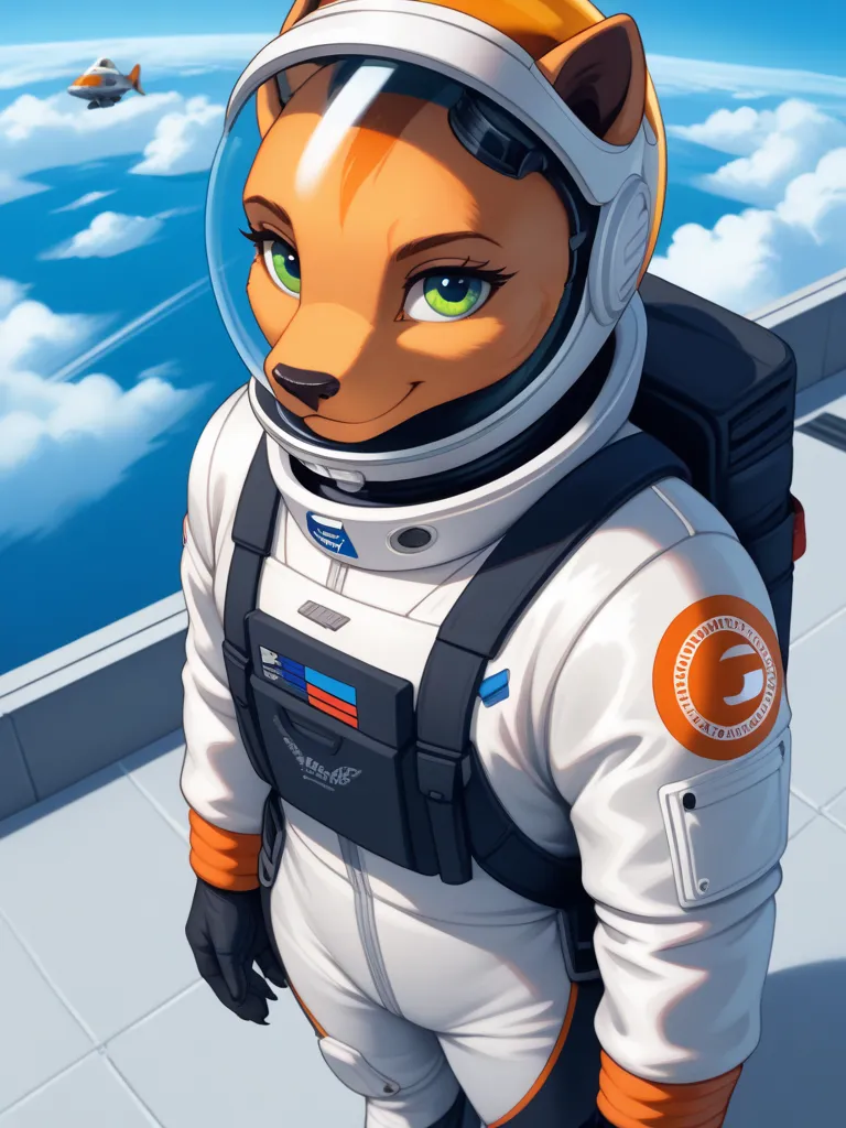 1 guy, black cat furry, (orange spacesuit), cool, casual kindness, smile, arm-crossed, from above, cowboy shot, looking side, Cyber monocle over left eye, SF, Wind, blue sky, masterpiece, Best Quality