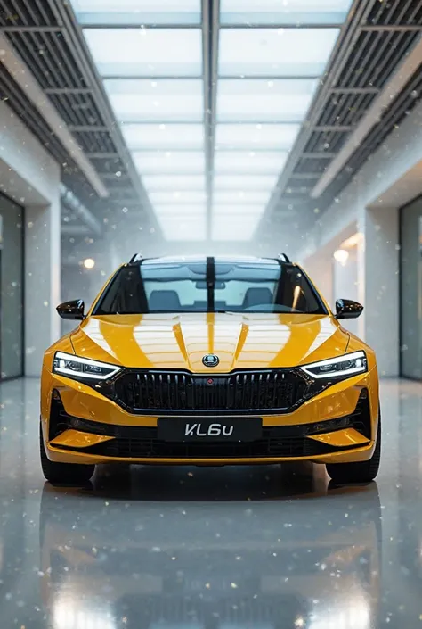 A Stunning front view of 2025  Skoda Slavia mustard in pristine showroom 