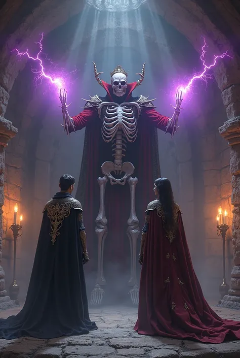 2 royal humans faced with A  royal vampire skeleton with purple electric fists in a dungeon the theme is dark fantasy 