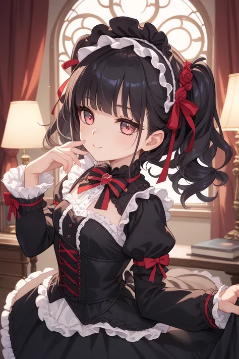 long black hair　 has bangs　 hearts in eyes　Gothic Lolita　lift up the skirt　 underwear　Sister　 cute　Great smile　 small tits　one&#39;s home　room　Inviting pose　human　anime style