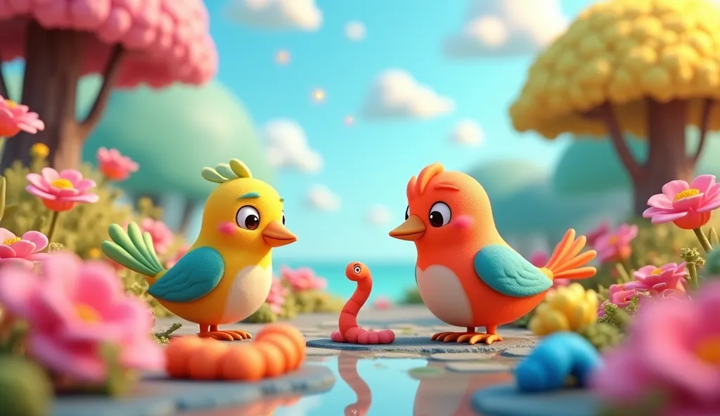 "A whimsical, colorful 3D scene featuring various cute, A vibrant bird with mother bird eating different types of colorful worms in a lush, and mother bird watching them, playful environment. The birds are adorable and exaggerated in size, with big eyes an...