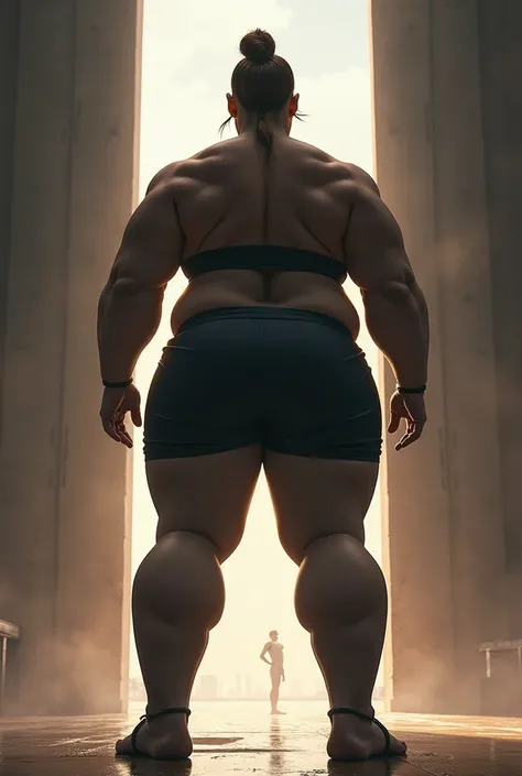 A big ass women standing with the back faced in a big room 