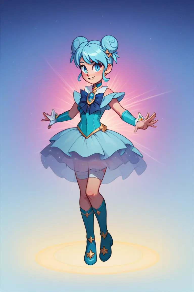 A magical girl from short double buns in light blue ,blue eyes Celeste,And your clothes in the color blue and cyan, tape,full body