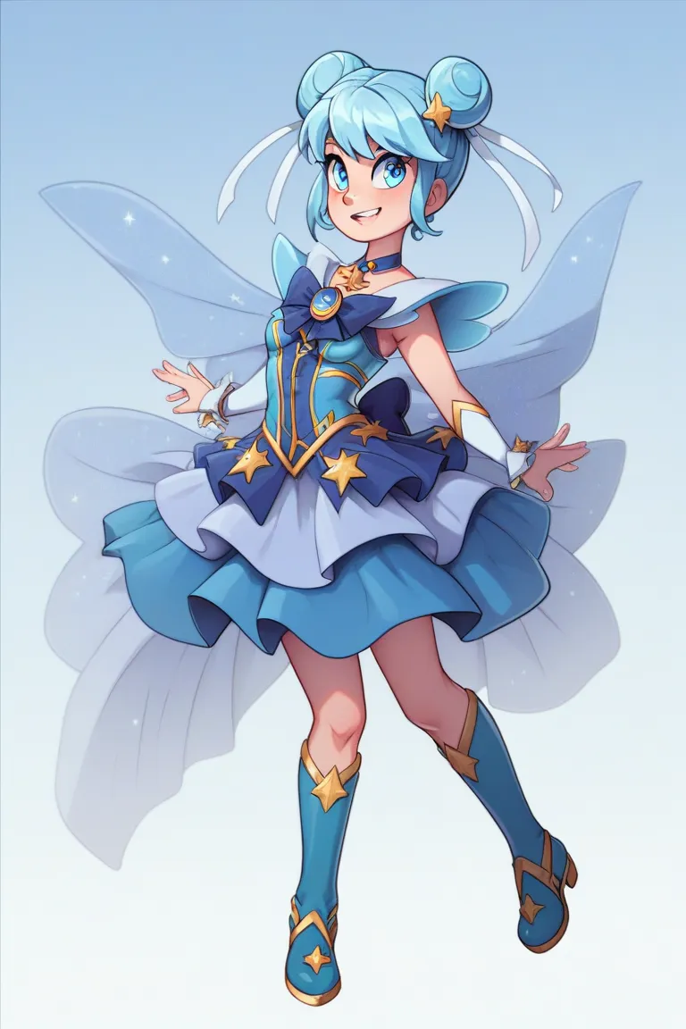 A magical girl from short double buns in light blue ,blue eyes Celeste,And your clothes in the color blue and cyan, tape,full body