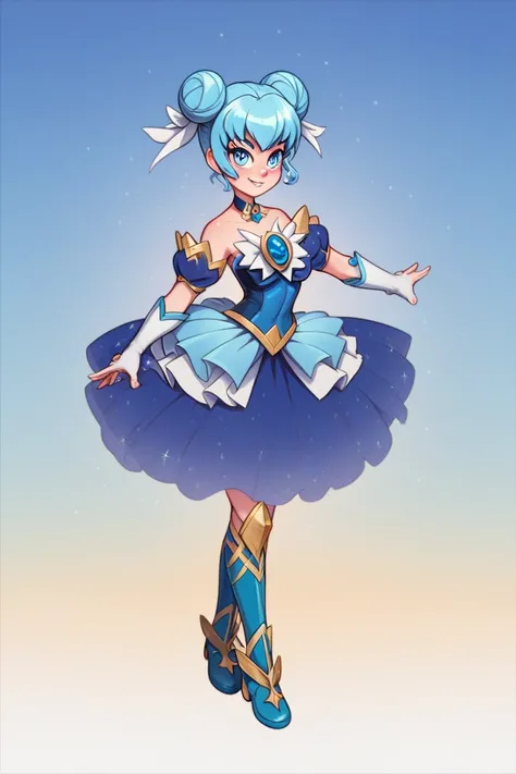 A magical girl from short double buns in light blue ,blue eyes Celeste,And your clothes in the color blue and cyan, tape,full body