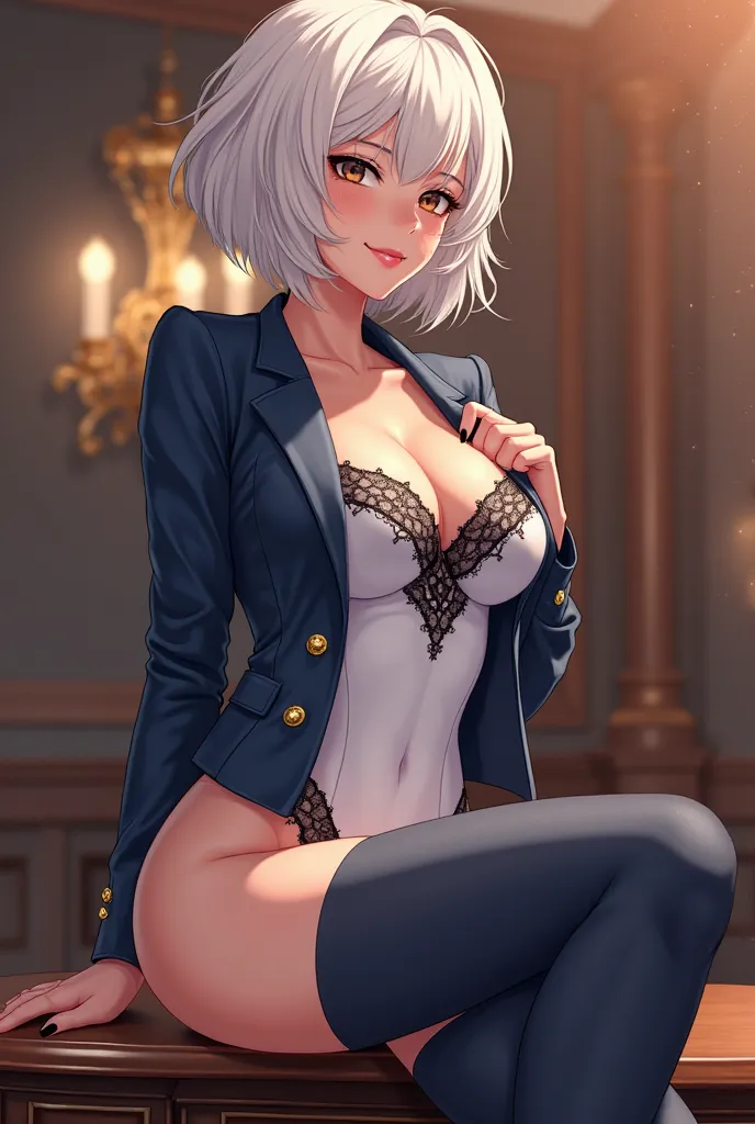 *"An adult woman with short white hair and tanned skin, with seductive eyes and a confident smile. His outfit is elegant and provocative, composed of a fitted white body with black lace details on the bust, highlighting your silhouette. on, wears a blue bl...