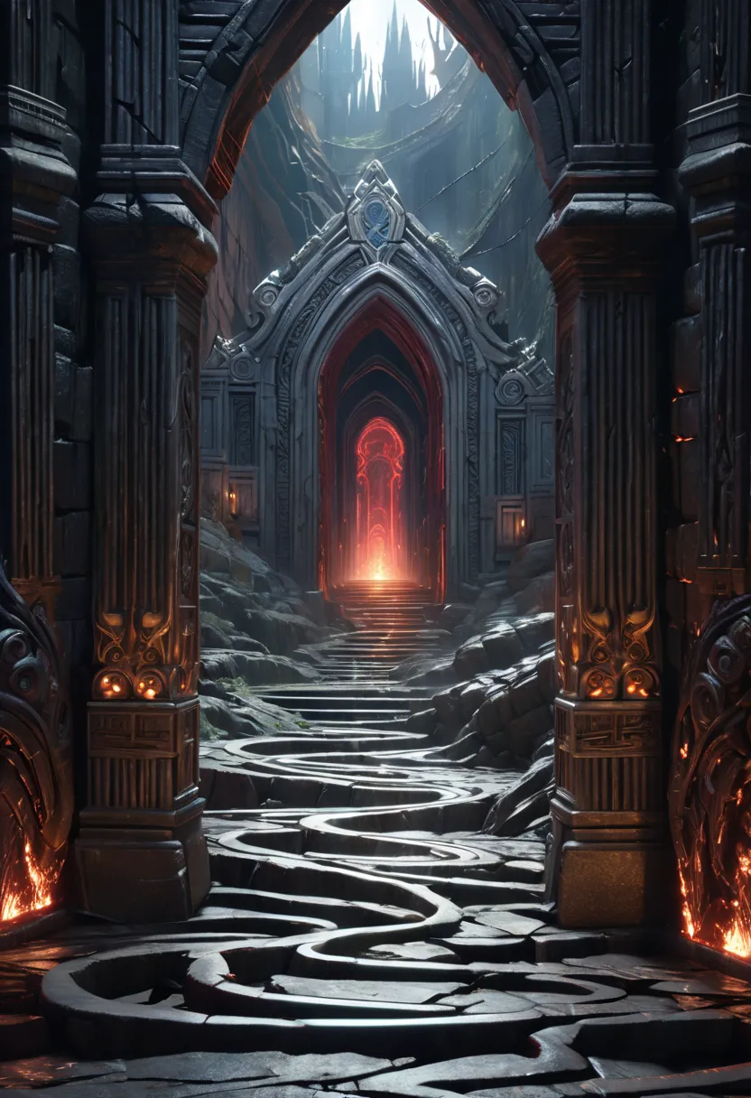 Labyrinth of the Damned, A sinister glowing gate standing at the entrance of the Labyrinth of the Damned emitting eerie pulsating light that seeps through its ancient cracked surface illuminating the twisted paths beyond, UHD, retina, masterpiece, accurate...