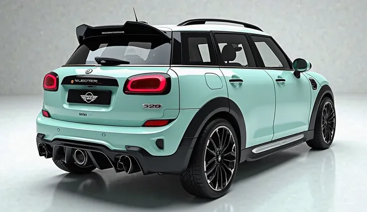 create an ultra-detailed 3D render close       (.      back  right side)of a modern (.  2025 Mini Cooper 
Y
              )with a bold designy  looking long like limousine captured from close                (.      back right side  .  )The car should featu...