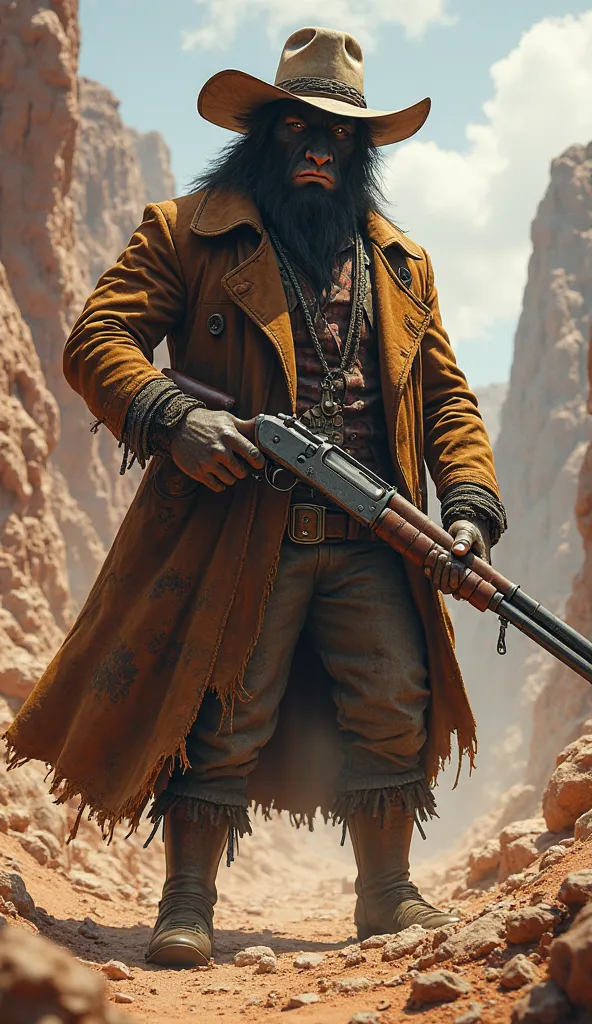 A tough bison outlaw in a rugged duster coat and cowboy hat, clutching a heavy shotgun, standing in a barren canyon under a blazing sun.
