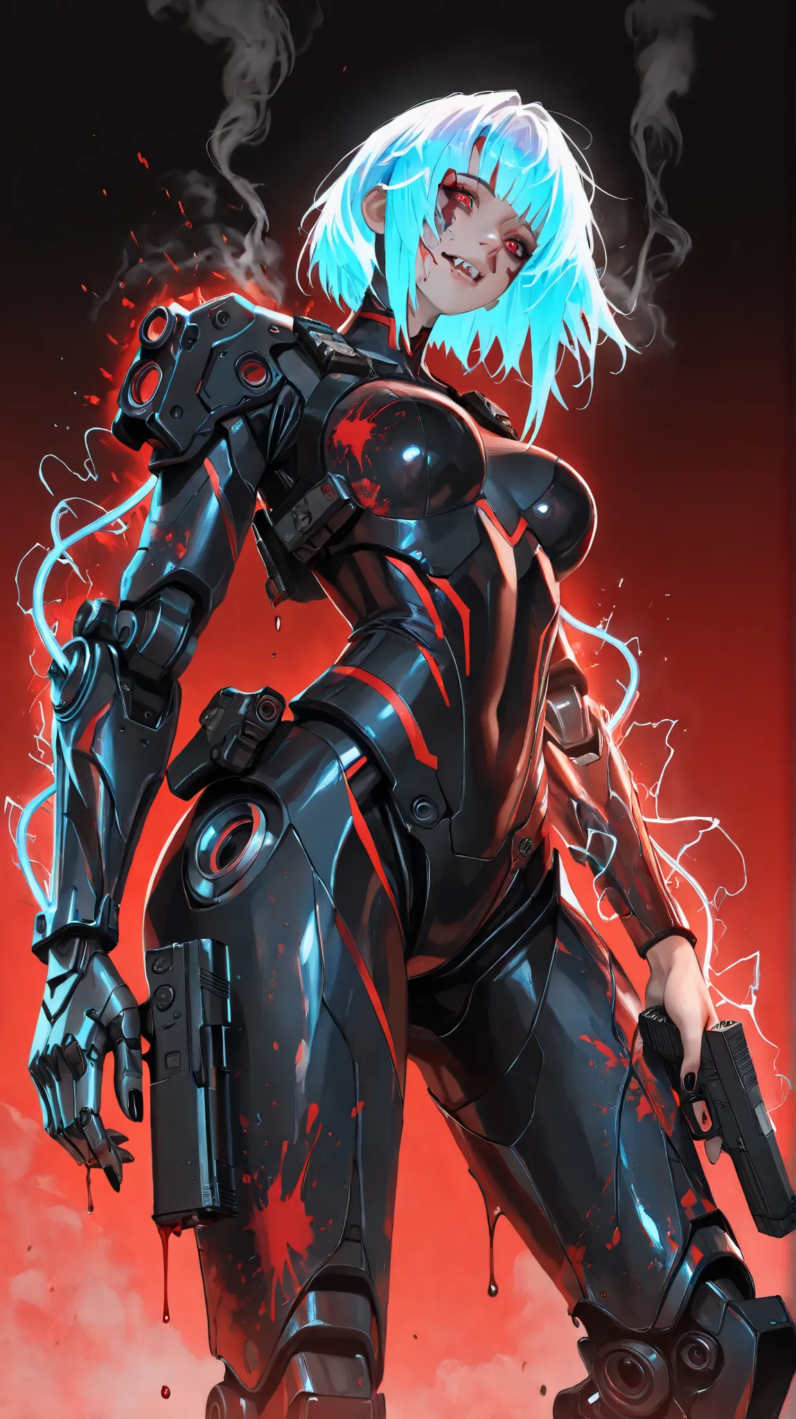 (masterpiece:1.4), 1girl, cyberpunk-gothic fusion style, blood-red gradient background, dynamic low-angle perspective, neon-tinged storm clouds, (Glock 19:1.2) with neon tracer rounds, electrostatic hair strands, biomechanical leg exoskeleton, dripping bla...