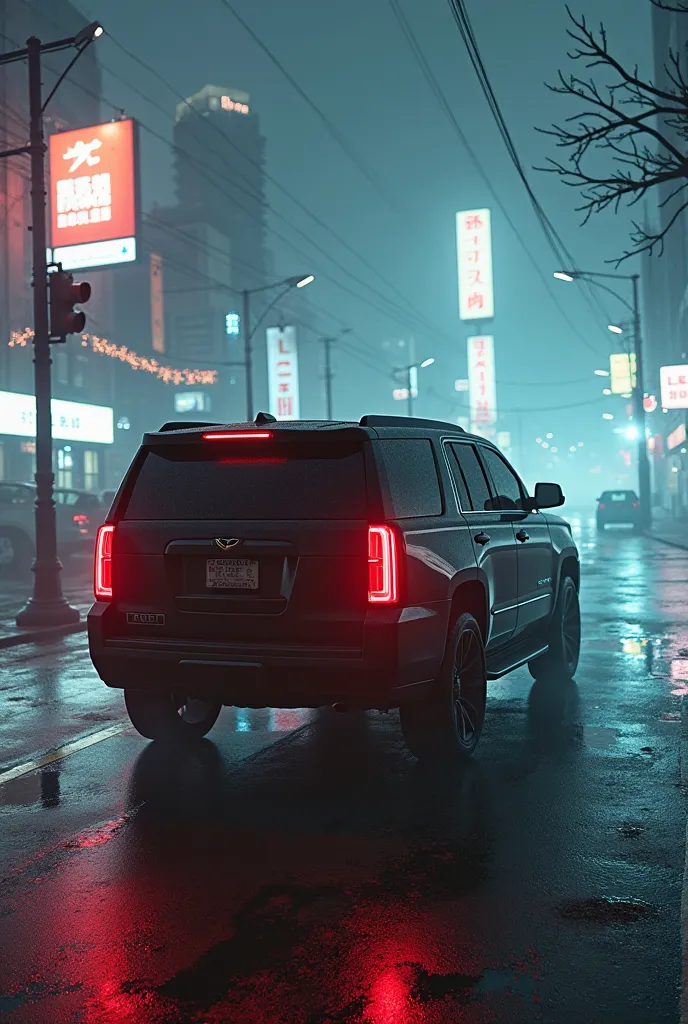 A black SUV with tinted windows rolls forward through the darkness, viewed from behind. Its red taillights glow faintly, cutting through the misty cyberpunk cityscape. The wet pavement reflects scattered neon lights from distant billboards, creating an eer...