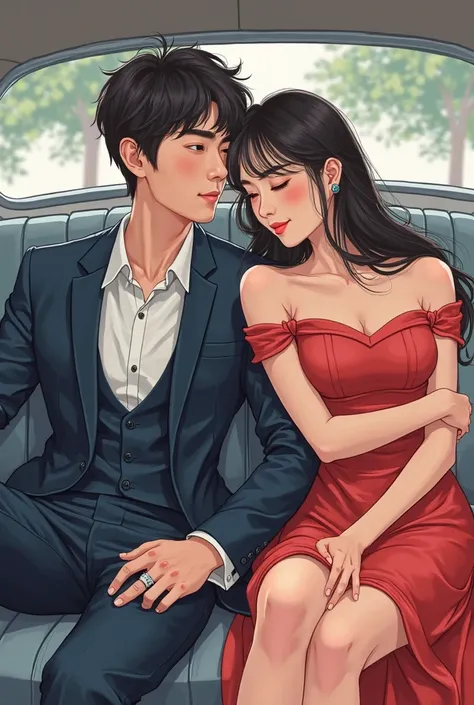 there is a man and woman sitting in a car together, a picture inspired by Byeon Sang-byeok, trending on cg society, serial art, manhwa, webtoon, an elegant couple, novel cover, webtoons, official fanart, illustrated novel, cover illustration, high quality ...