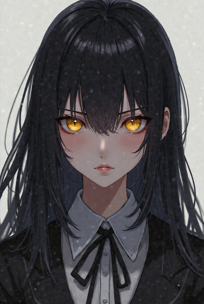 Create the face of an anime girl that is a student with long dark hair and sharp, yellow eyes. Make her serious-looking. Take inspiration in Velvet Crowe.