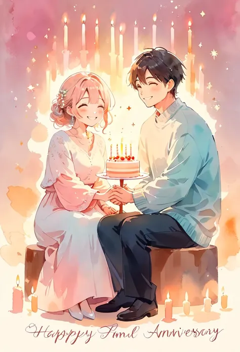 Watercolor-style, dreamy anime-style illustration, soft and delicate brush strokes, (adorable married couple celebrating their anniversary:1.3), (simple and charming character design with round faces and gentle expressions:1.3), (husband and wife sitting t...