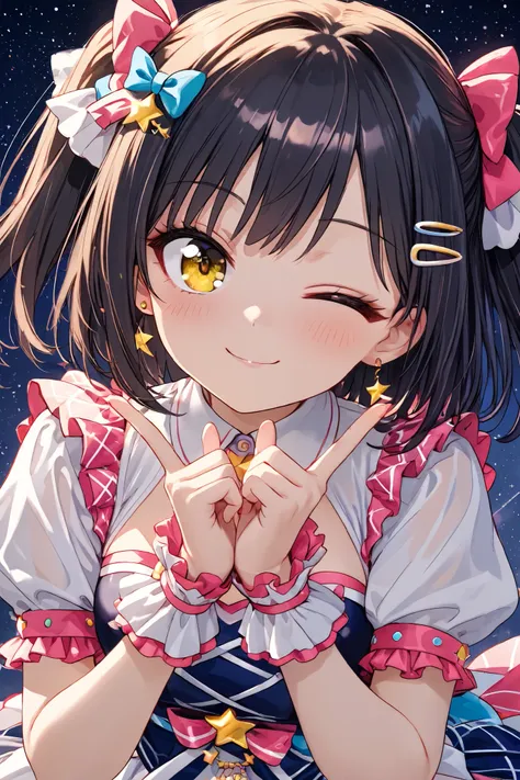 bright magic idol、flashy colorful costume、wink、starry sky