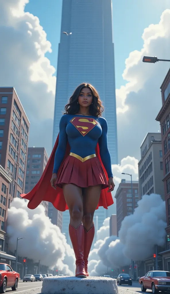 17-YEAR-OLD. A breathtaking, otherworldly BLACK AFRICAN 16-YEAR-OLD FEMALE**"A CLOSE UP OF A breathtaking, hyper-realistic CGI render of Supergirl standing heroically atop a towering skyscraper, her powerful lungs INHALING MASSIVE AMOUNTS OF AIR THEN EXHAL...