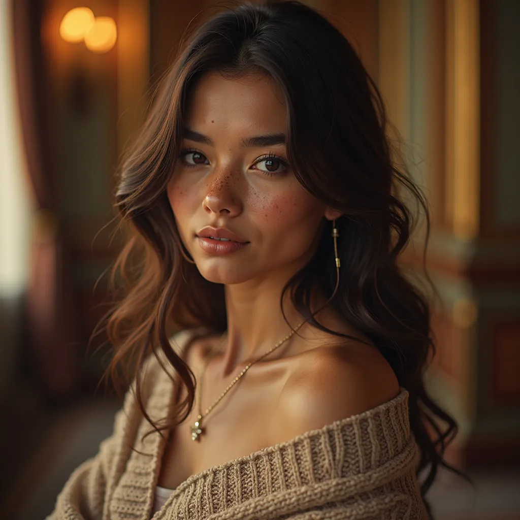 
A beautiful 30 year old woman, (Natalie Portman:0.5), Long wavy hair, stately mansion background, brown eyes, brown hair, shy smile, freckles, full breasts, detailed, 8k, HDR, Shallow depth of field, wide light, High contrast, backlight, flares, chromatic...