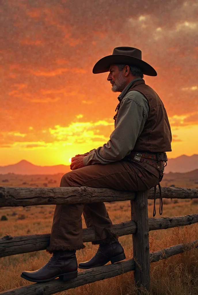 Create image of a cowboy turned on his back, sitting on a wooden fence, watching the sunset