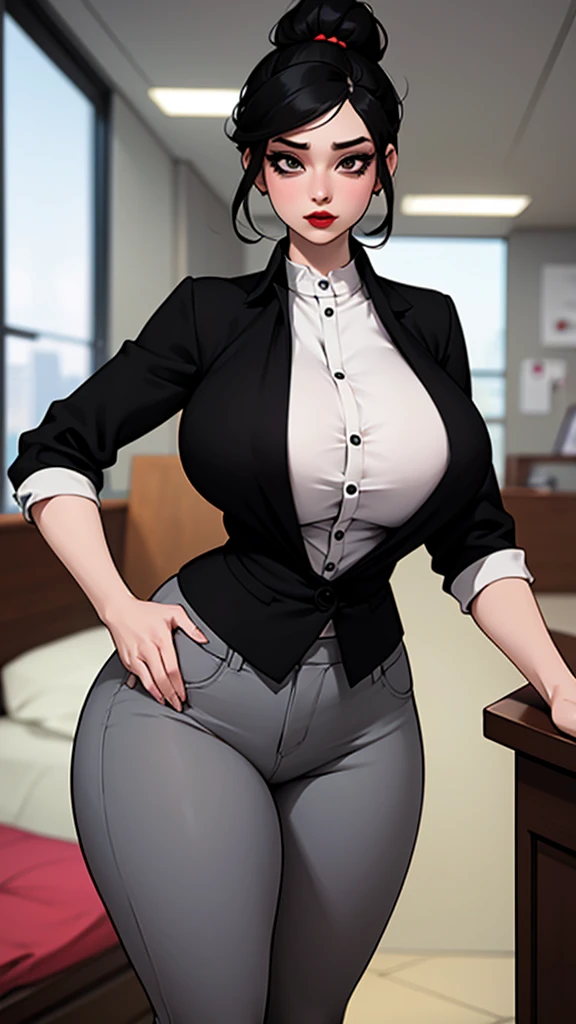 psychologist woman, milf, extra curvy, pale skin, red lips black hair, onion hair up, office blouse, gray dress pants, thin waist, wide hips, thick thighs, detailed portrait, photo-realistic, HDR, professional studio lighting, office interior, desk, booksh...