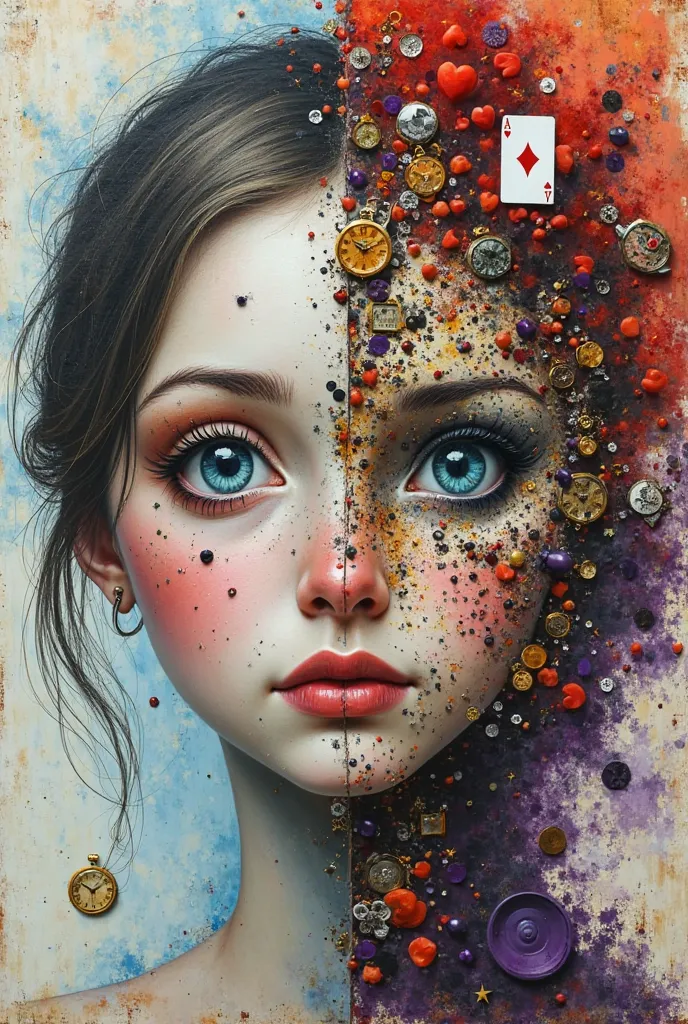 For your face collage, you can represent the transformation of Alice and the chaos of Wonderland through a composition divided into two halves, symbolizing the struggle between logic and absurdity.

 Main Idea : Alice's face divided between reality and the...