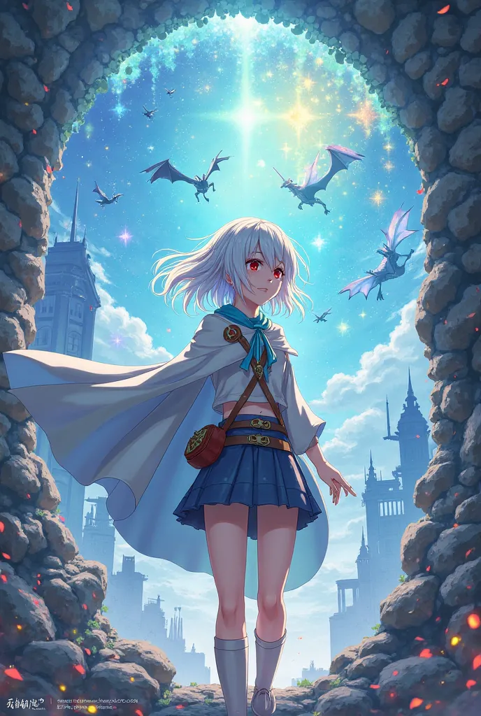 Anime cover description 2D:  
In the foreground — white-haired a girl with red eyes, painted in classic anime style. slot Her hair flutters slightly, and the eyes are calm, but is determined. She is dressed in elegant,  but practical , combining elements o...