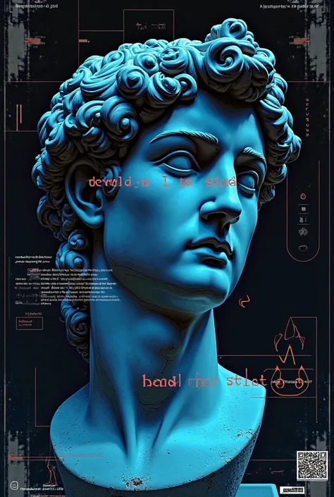 Generate a digital art piece featuring a glitch-effected statue bust of a male figure, reminiscent of David, set against a dark backdrop with geometric patterns and outlined letters. Display the word 'desire' in a stylized font above the bust, and include ...