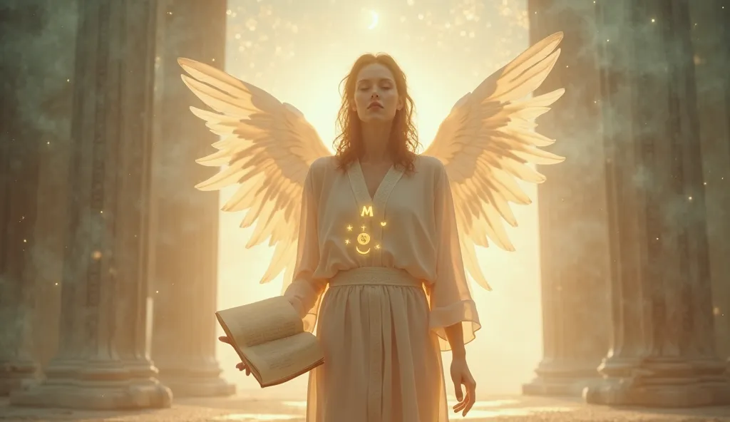 “A human figure standing in a peaceful, glowing environment, surrounded by soft white and golden light. From the person’s back, a translucent, angelic figure is emerging, with wings that shimmer with ethereal light. The person’s hand holds an ancient scrol...