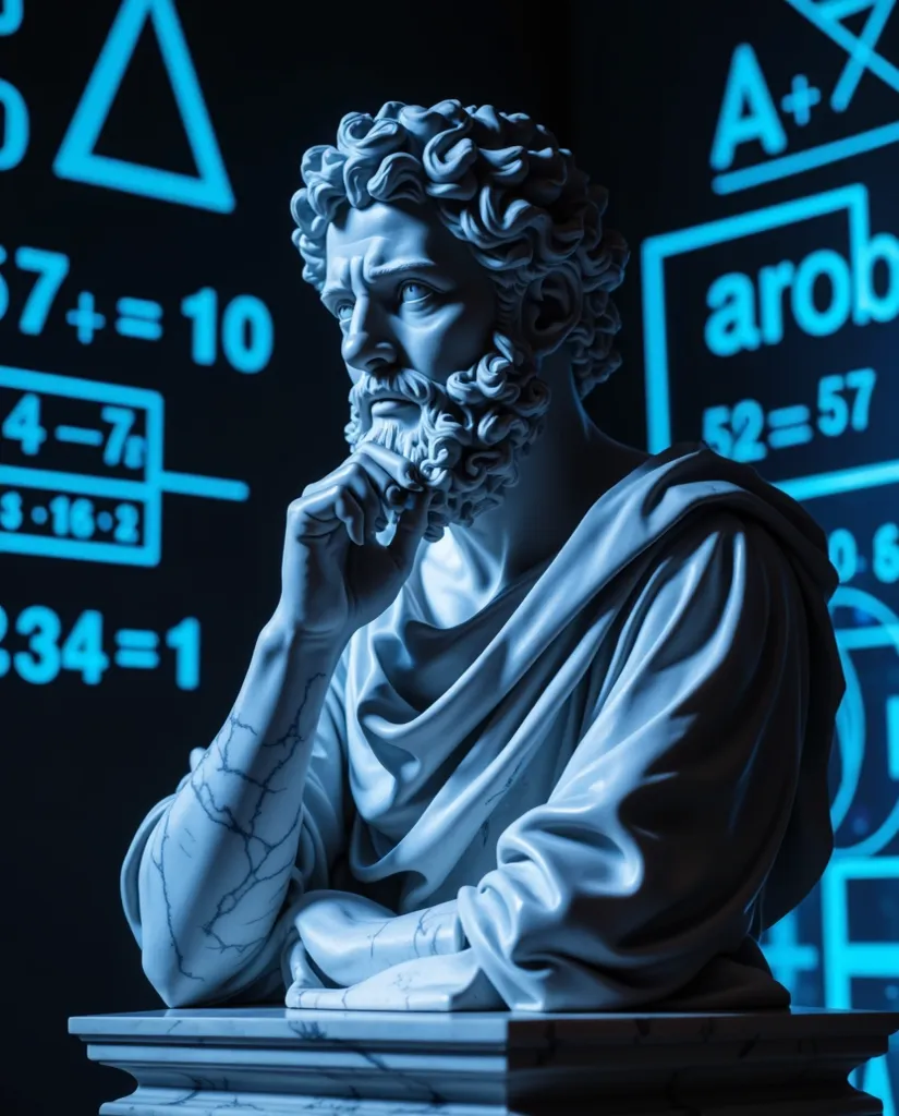 A majestic marble sculpture representing Hypatia. The figure has a thoughtful expression, with one hand resting on the chin. Detailed curly hair and a sculpted beard give a sense of wisdom. The background features a futuristic aesthetic with glowing blue m...