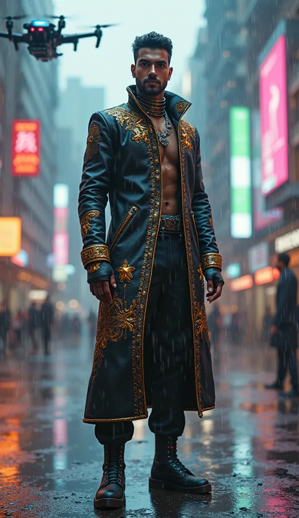 A lean Indian man with an enigmatic, bad-boy charisma, illuminated by neon city lights. He wears a high-tech sherwani infused with glowing circuit-like embroidery, blending tradition with cyberpunk aesthetics. His multiple rings have holographic engravings...