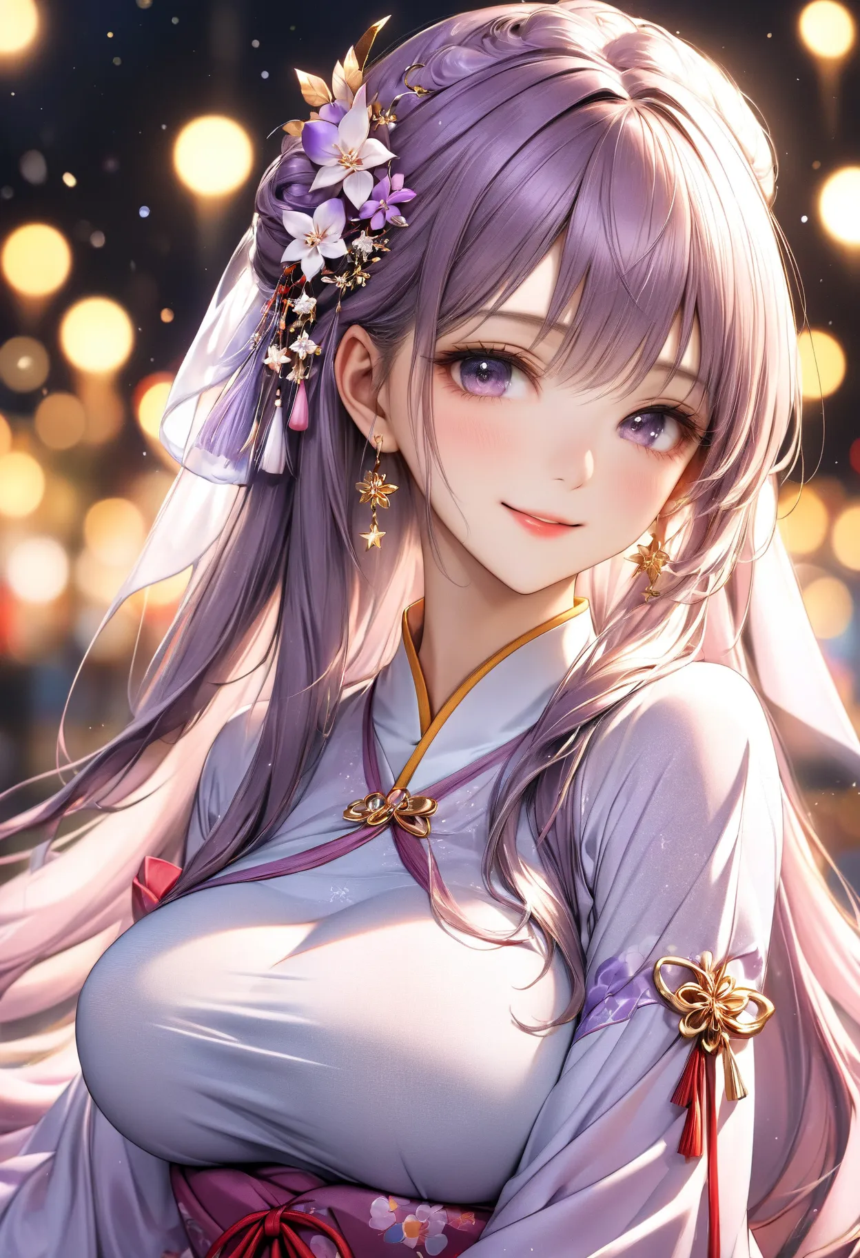 Excellent quality, work of art, High Resolution, 1 girl, big breasts, (seducing smile: 0.8), Star Student, Chinese Hanfu Lilac, hair accessories, necklase, jewerly, Beauthfull,  Tyndall effect,  clear edge, Two-taboute Lighting, (high detail skin: 1.2), 8k...