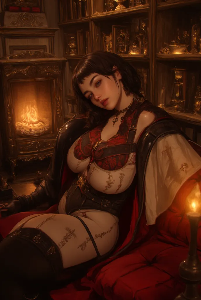 The magical atmosphere of the room, reminiscent of the Gryffindor living room, with the warm glow of the fireplace and upholstered chairs. A young woman in a seductive outfit inspired by the magical world: lacy black and scarlet lingerie with mantle elemen...