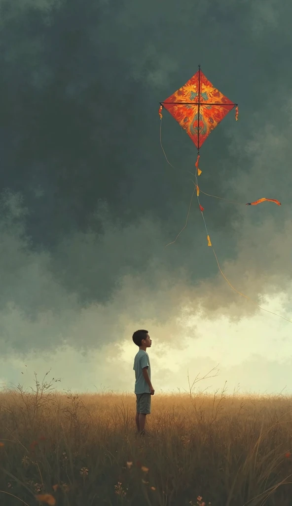 Imagine A Young Boy Standing Far On Alone Field Flying A Kite , A Beautiful Kite In the Sky, Sky Full Of Black Clouds , Dark Sad Rainy Whether, Sad Darkness 