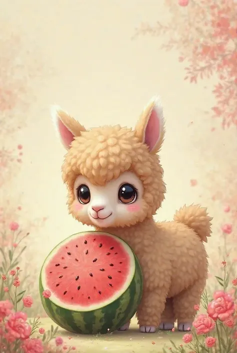 Alpaca with a watermelon in a pink background