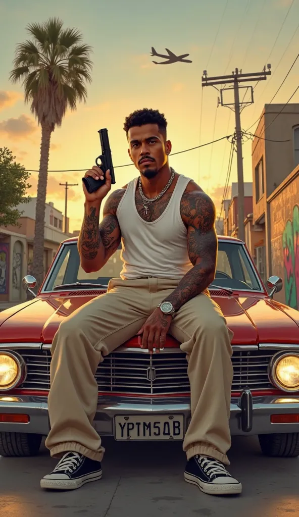 "Create a hyperrealistic image of a young man of Latin descent, with brown skin and an athletic size,  but not overly muscular , sitting on the hood of a classic lowrider car from the 90s. He wears a simple white tank, scene, highlighting your defined arms...