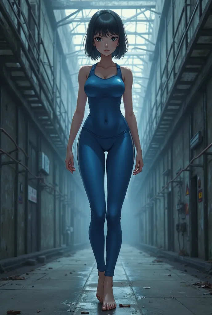 A tall and sexy asian anime girl wear blue leggings and blue jersey, barefoot, bob hair cut, background is prison, black eyes