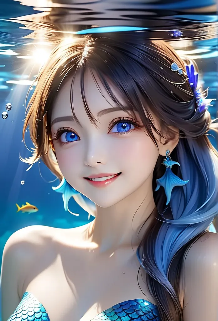 Underwater World ,  beauty,  mermaid , 年輕mermaid ,full body ,  Smile at the lens ,   large  ,  Striped Hair ,  Striped Hair   ,  Sky Blue Hair ,   long hair,   blue eyes, eye reflection,   Light trail ,  Reverse Swap ,   blurry, Fluorescent light, Shallow ...