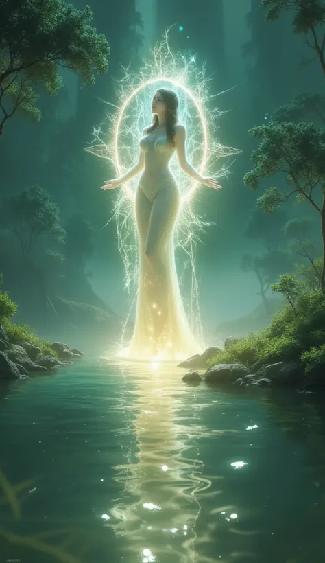 Greatest Masterpiece、Top Quality、8k, A glowing portal appears on a tranquil lake, and a beauty emerges from the portal.