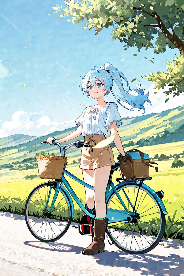 light blue hair tied at the top　girls　Traveler　Bike