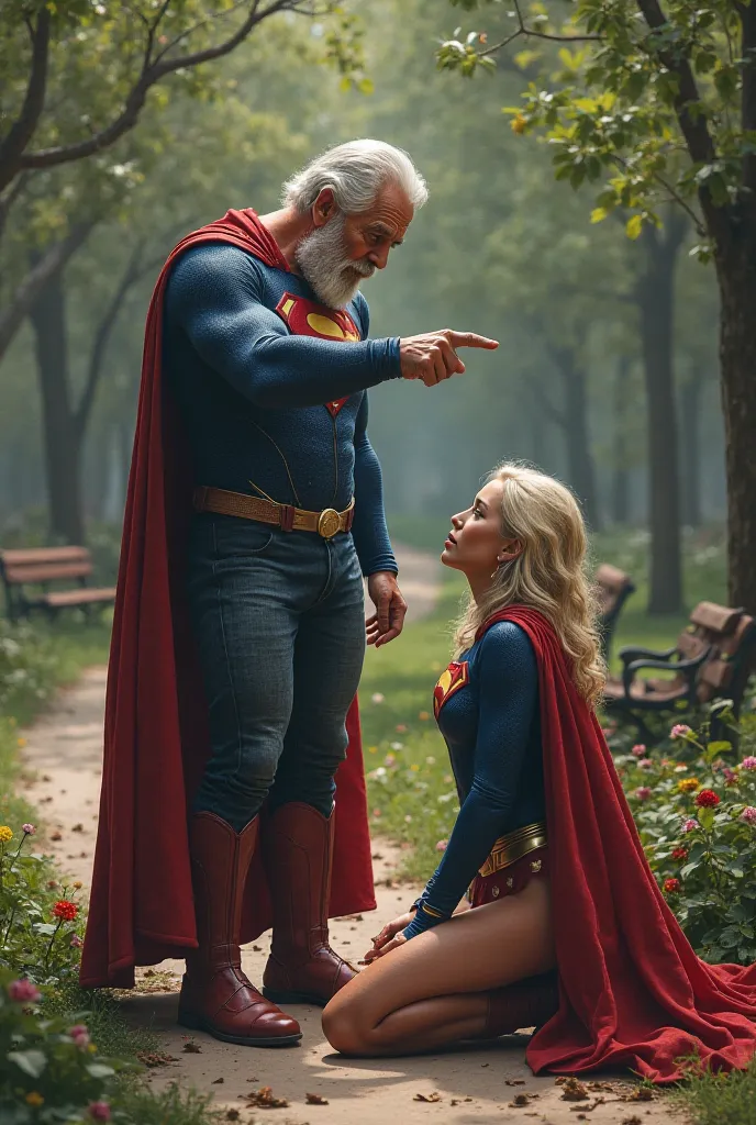 Old superman with white hair and white beard is angry and pointing finger supergirl is crying beside him at park