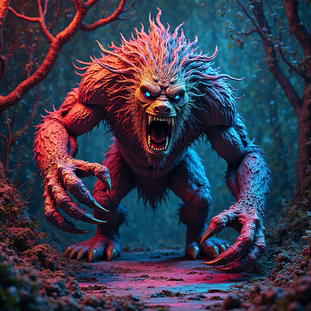 nft 3d woodcut colorful bright colors with wild monster full body creepy angry giant, 8k, photorealistic, render 3d, vibrant colors, dramatic lighting,  fantastic landscape , dark atmosphere, wood texture, Realistic skin details, fierce eyes, sharp teeth, ...